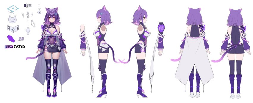 1girl, absurdres, angy_catto, animal_ears, black_skirt, black_thighhighs, boots, breasts, cat_ears, cat_girl, cat_tail, cleavage, closed_mouth, clothing_cutout, covered_navel, hair_ornament, heirou, high_heel_boots, high_heels, highres, hip_vent, median_furrow, medium_hair, miniskirt, multiple_views, off_shoulder, purple_footwear, purple_hair, red_eyes, second-party_source, see-through_clothes, shoulder_blades, skirt, tail, thighhighs, virtual_youtuber, vols