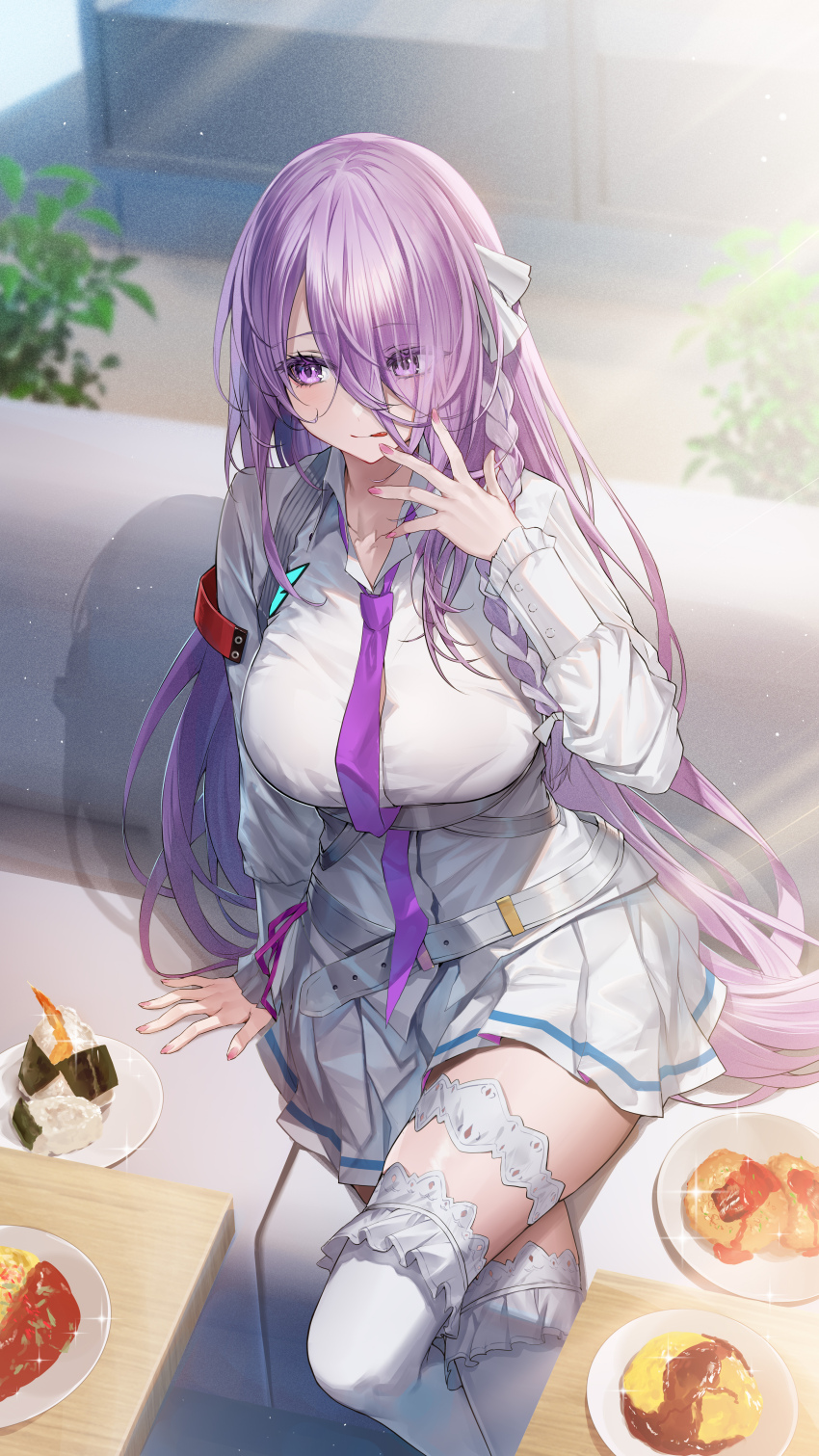 1girl, absurdres, belt, braid, breasts, chest_harness, collarbone, collared_shirt