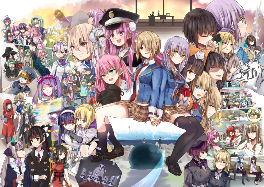 6+girls, aikawa_megumi, aoi_erika, asakura_karen_(heaven_burns_red), asami_makiko_(heaven_burns_red), bench, black_flower, black_footwear