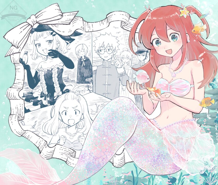 3boys, 4girls, :d, air_bubble, andersen's_fairy_tales, animal, bare_shoulders, bikini