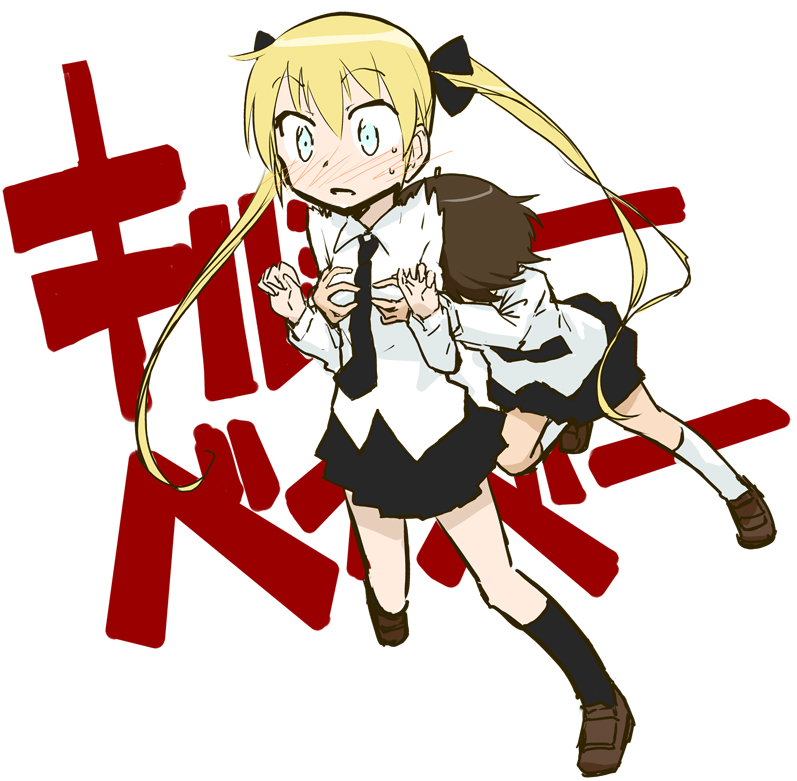 2girls, blonde_hair, blue_eyes, bobyuka, brown_hair, imai_tetsuya, kill_me_baby, long_hair