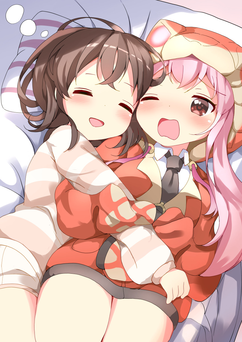 2girls, absurdres, blush, brown_eyes, captain_(kemono_friends), closed_eyes, collared_shirt, hair_between_eyes