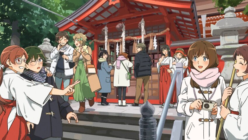 1boy, 6+girls, bandana, black_hair, broom, brown_hair, camera, coat