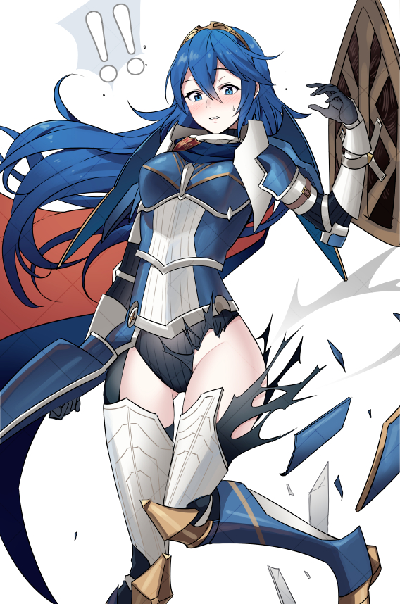 !, 1girl, ameno_(a_meno0), armor, blue_cape, blue_eyes, blue_hair, blush