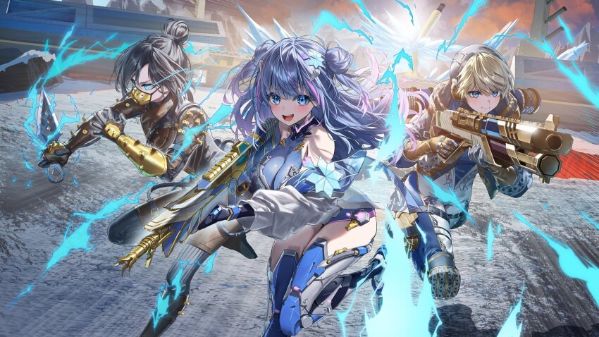 3girls, aoi_sakura_(japanese_vtuber), apex_legends, black_hair, blonde_hair, blue_eyes, blush, breasts, cleavage, closed_mouth, cloud, cyborg, double_bun, gun, hair_bun, hair_ornament, heirou, highres, holding, holding_gun, holding_knife, holding_weapon, indie_virtual_youtuber, knife, large_breasts, long_hair, mask, mechanical_arms, mechanical_legs, mouth_mask, multicolored_hair, multiple_girls, open_mouth, pink_hair, purple_hair, see-through_cleavage, see-through_clothes, sky, smile, streaked_hair, virtual_youtuber, wattson_(apex_legends), weapon, wraith_(apex_legends), yellow_mask