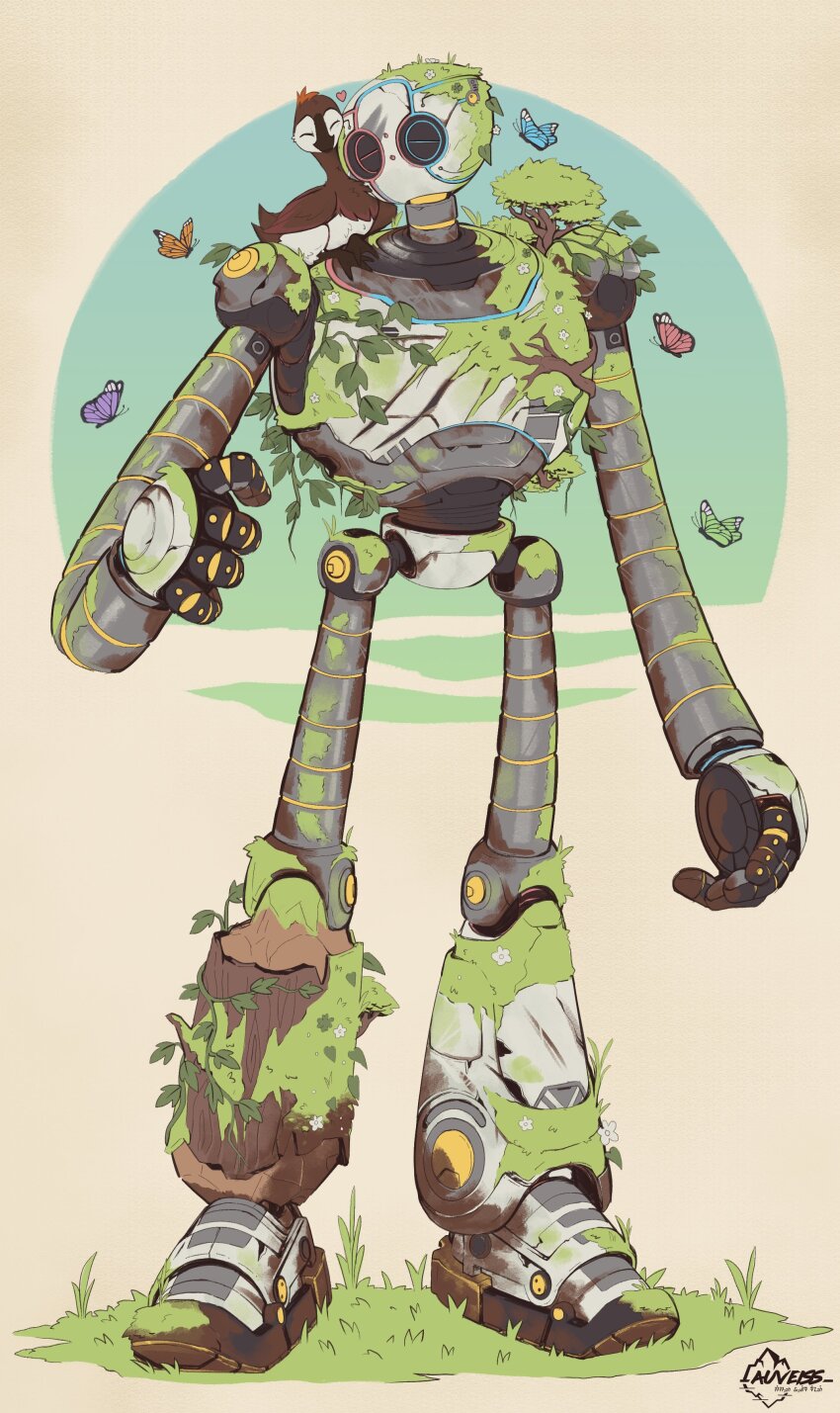 1boy, 1girl, absurdres, artist_name, auveiss, bird, brightbill_(the_wild_robot), closed_eyes