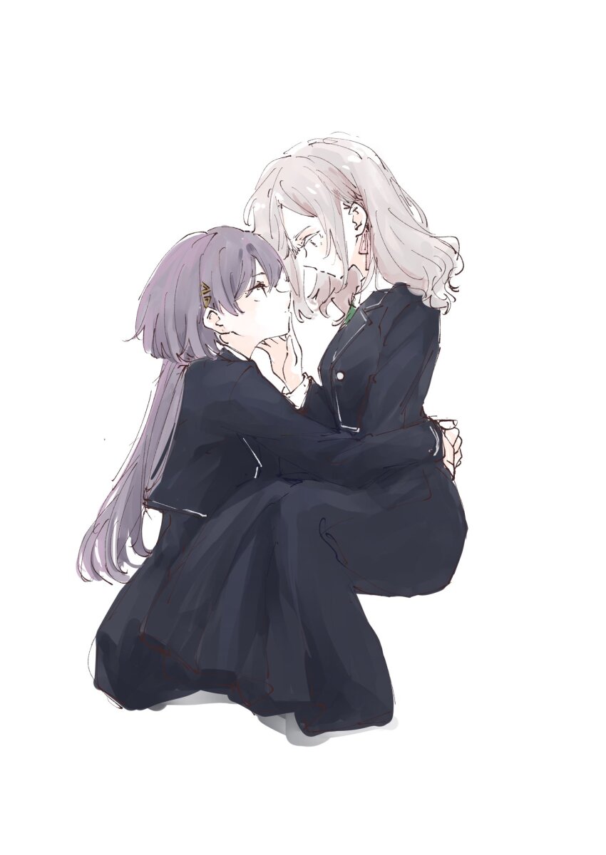 2girls, arms_around_another's_waist, black_jacket, black_skirt, blazer, blue_eyes, collared_shirt, cropped_legs