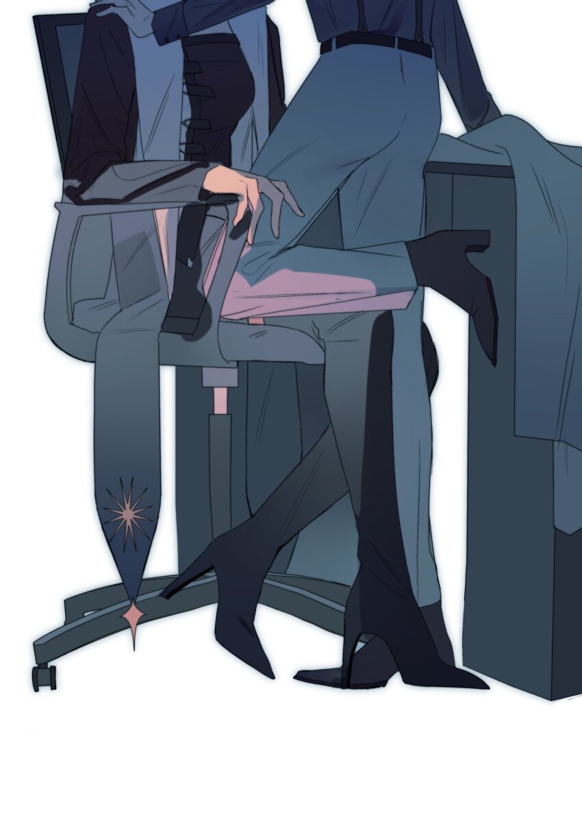 2girls, black_shirt, chair, chief_(path_to_nowhere), commentary, female_chief_(path_to_nowhere), grey_pants, hand_on_another's_shoulder, high_heels, highres, jian1017, long_sleeves, multiple_girls, nightingale_(path_to_nowhere), office_chair, on_chair, pants, path_to_nowhere, shirt, simple_background, sitting, swivel_chair, untranslatable_commentary, white_background, yuri