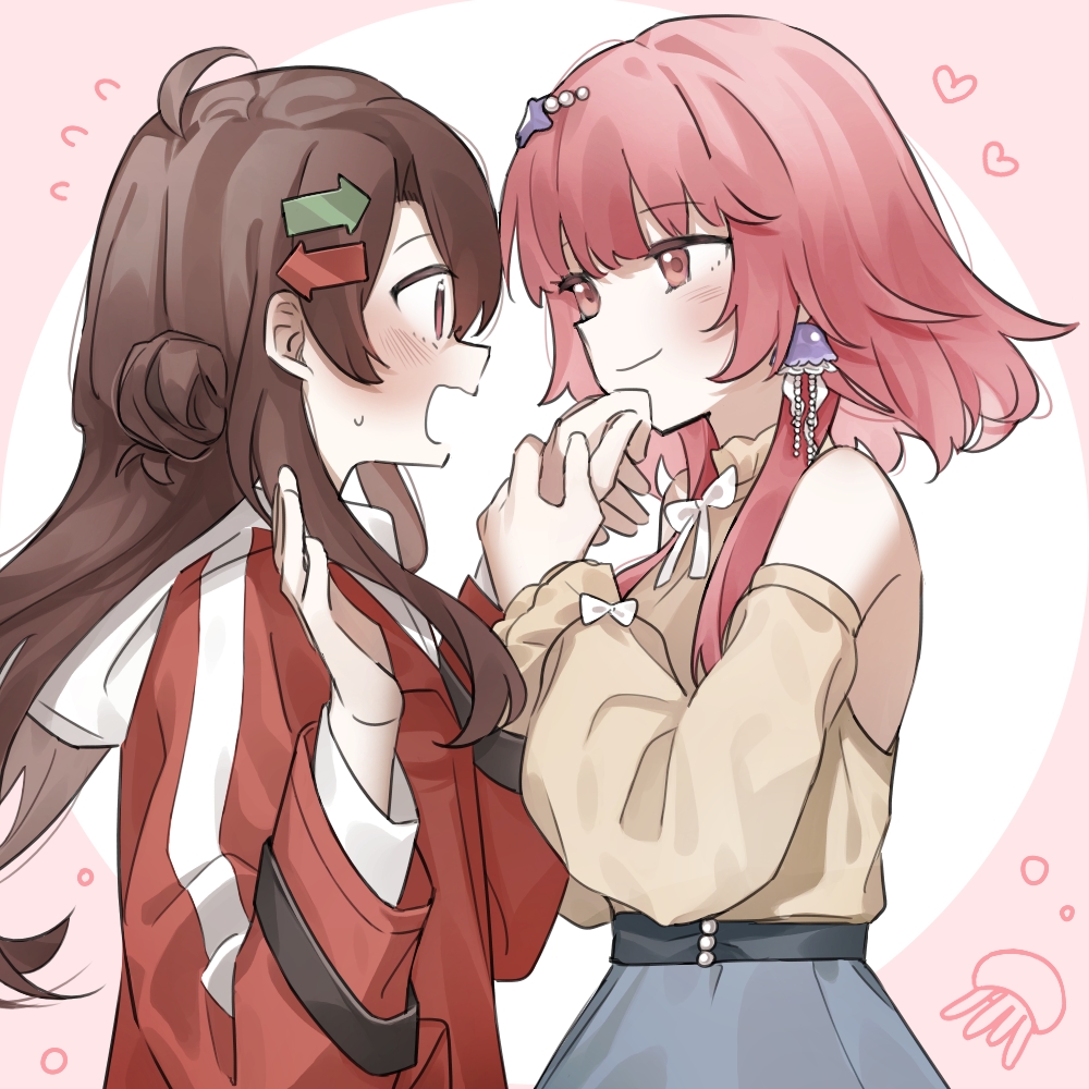 2girls, arrow_hair_ornament, bare_shoulders, blush, brown_eyes, brown_hair, brown_shirt, character_request