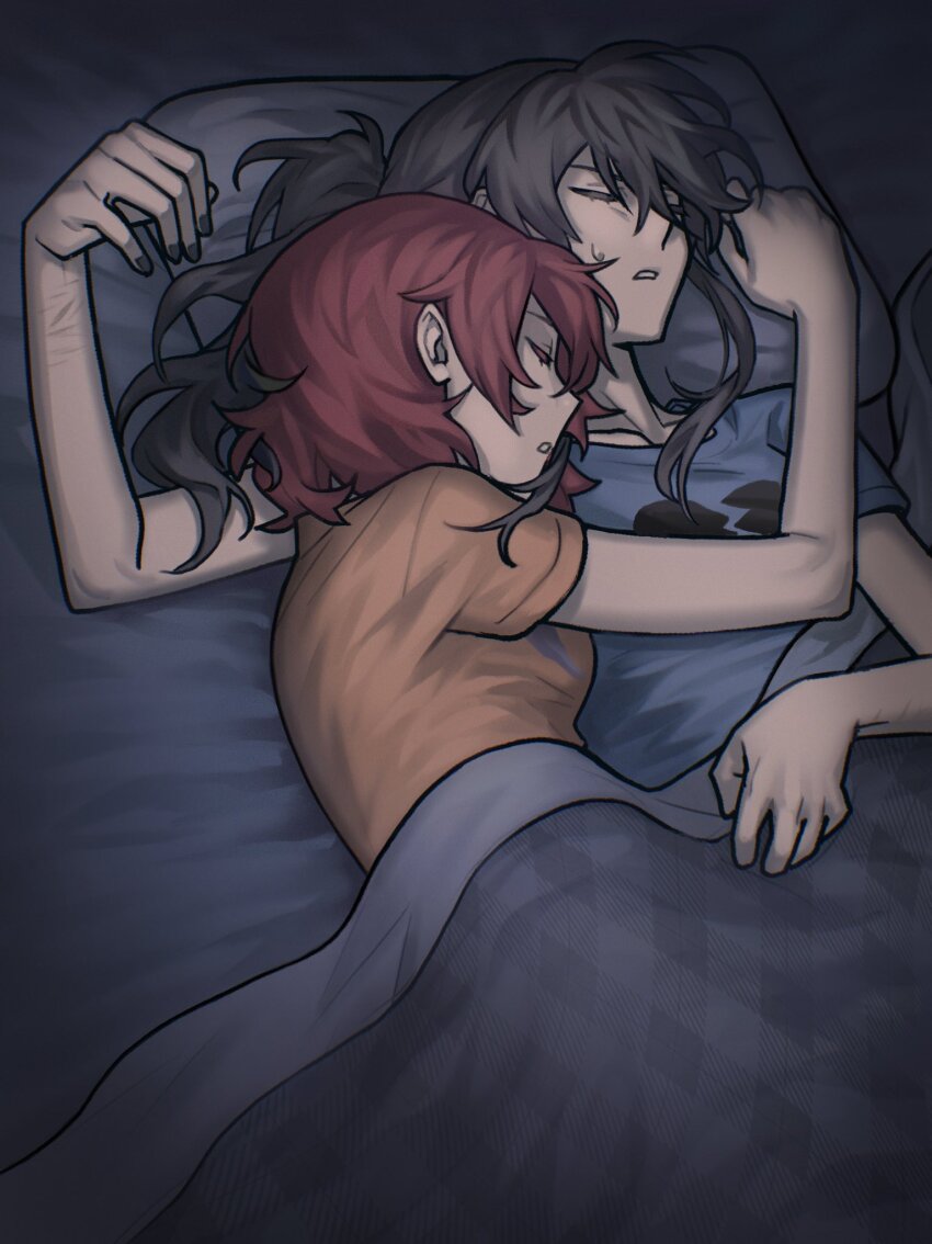 2girls, ari_(class_of_09), black_hair, black_nails, blue_shirt, bugs_bug_me, class_of_09, closed_eyes