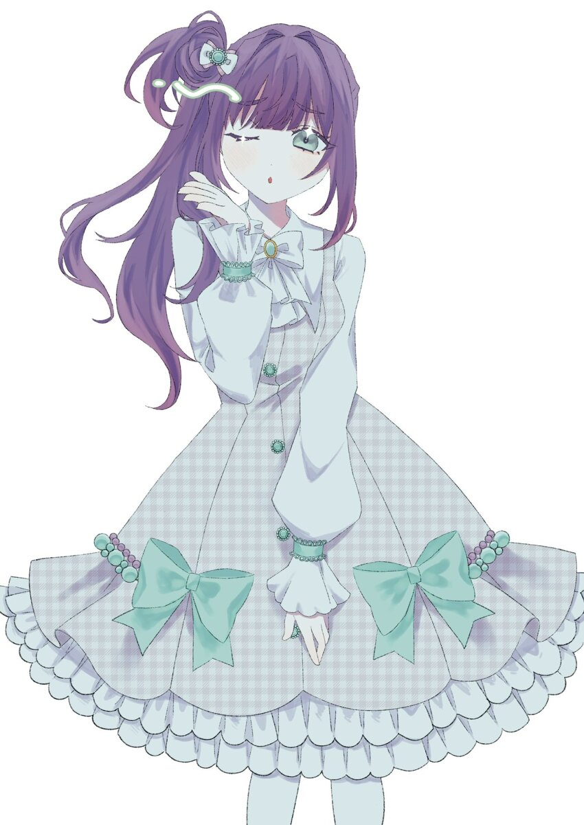 1girl, ;o, blowing_kiss, bow, bowtie, collared_dress, commentary, dress