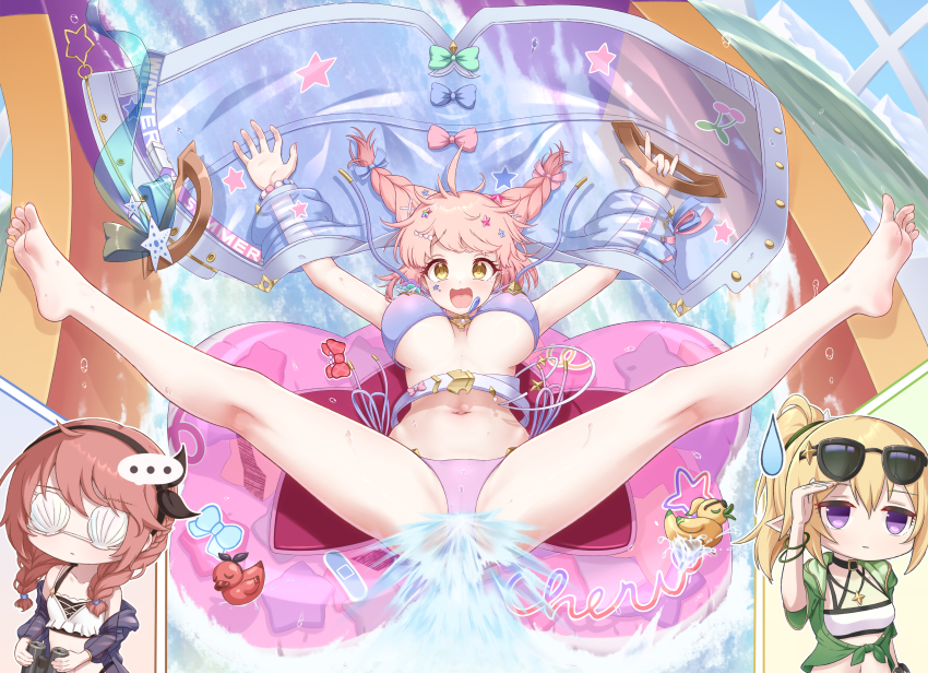 ..., 3girls, absurdres, arms_up, barefoot, bead_bracelet, beads, belt