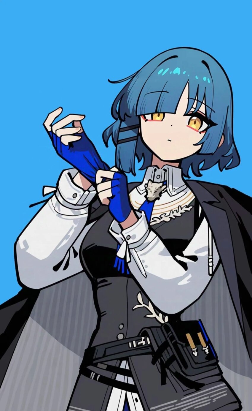 1girl, adjusting_clothes, adjusting_gloves, arknights, black_vest, blue_gloves, blue_hair, blue_necktie