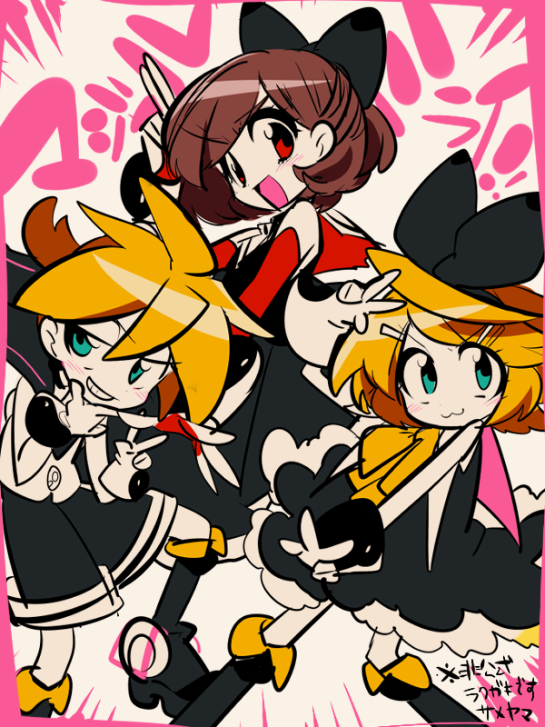 1boy, 2girls, :3, :d, aqua_eyes, bare_arms, black_bow, black_dress