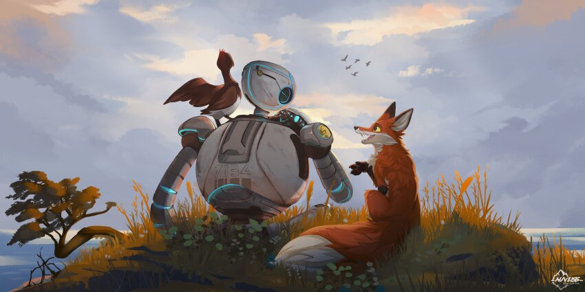 1girl, 2boys, absurdres, artist_logo, artist_name, auveiss, bird, brightbill_(the_wild_robot)