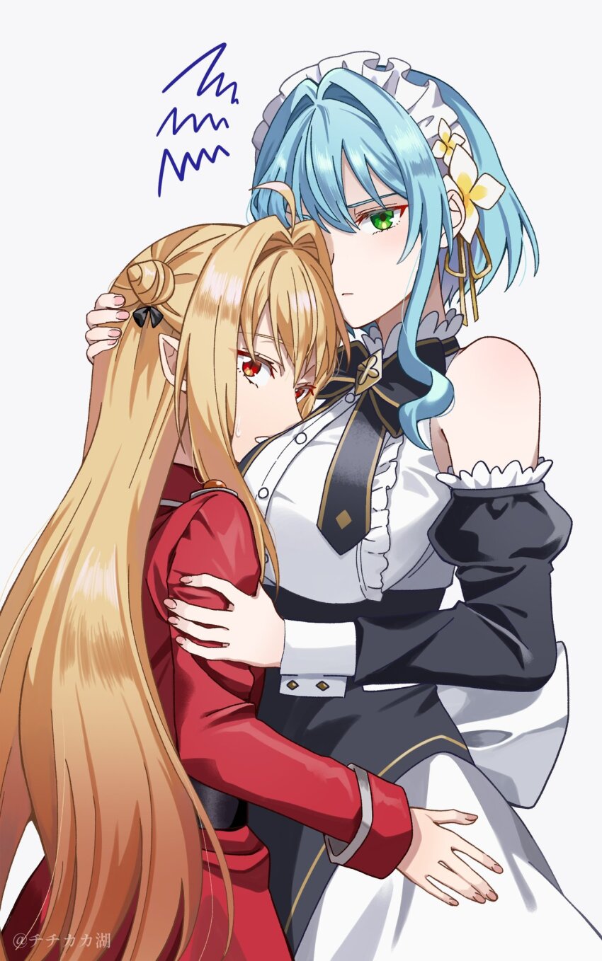 2girls, bare_shoulders, between_breasts, blonde_hair, blue_hair, breasts, chimimago, closed_mouth, coat, commentary_request, cone_hair_bun, detached_sleeves, dress, face_between_breasts, flower, green_eyes, hair_bun, hair_flower, hair_ornament, hand_on_another's_arm, hand_on_another's_head, hand_on_another's_waist, head_between_breasts, height_difference, highres, hikikomari_kyuuketsuki_no_monmon, large_breasts, long_sleeves, looking_at_viewer, maid, maid_headdress, multiple_girls, parted_lips, pink_nails, pointy_ears, red_coat, red_eyes, short_hair_with_long_locks, simple_background, squiggle, sweatdrop, terakomari_gandezblood, villhaze, white_background, white_dress, white_flower, white_headdress, yuri