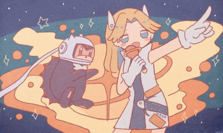 1boy, 1girl, alternate_costume, black_fur, blonde_hair, blue_eyes, blue_hair, buke-baisen