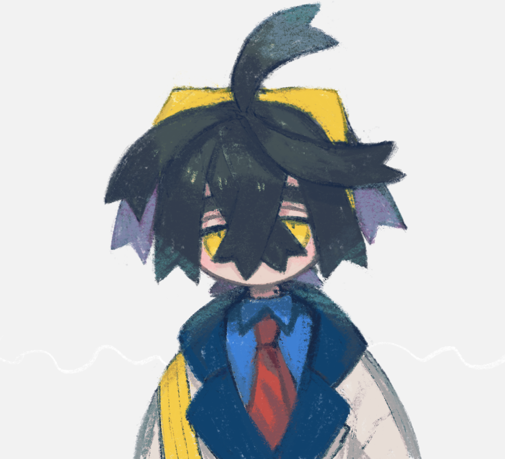 1boy, black_hair, blue_shirt, chibi, collared_shirt, crossed_bangs, grey_background, hair_between_eyes