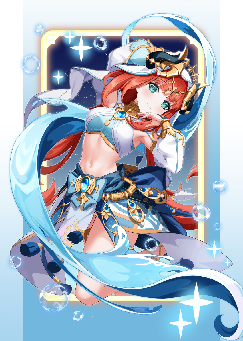 1girl, absurdres, aqua_eyes, arm_up, armpits, blue_gem, blue_skirt, blush