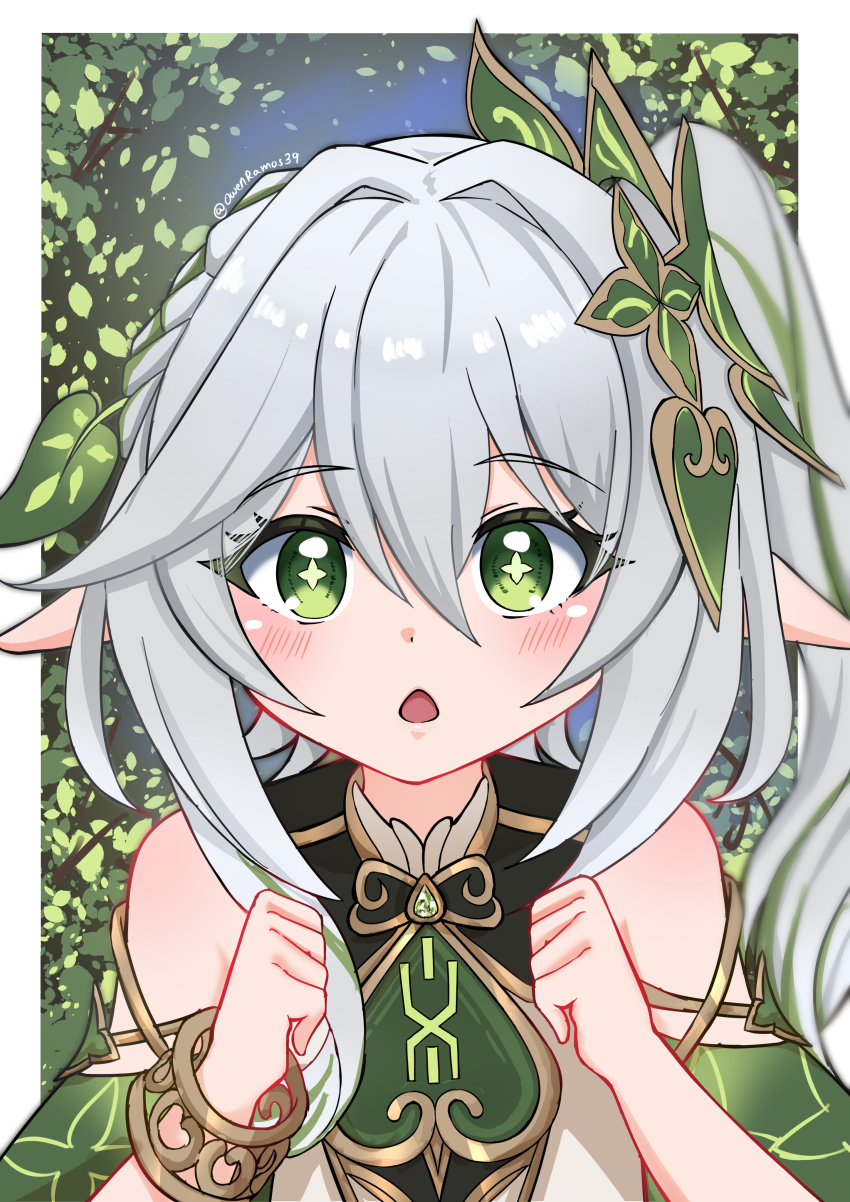 1girl, absurdres, bare_shoulders, blush, bracelet, chestnut_mouth, commentary, detached_sleeves