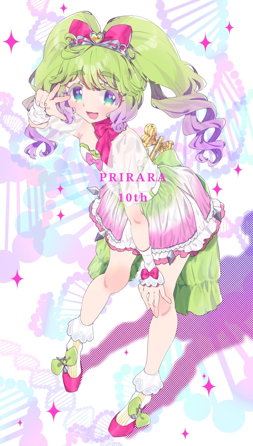 1girl, :d, anniversary, blue_eyes, bow, copyright_name, dna, dress