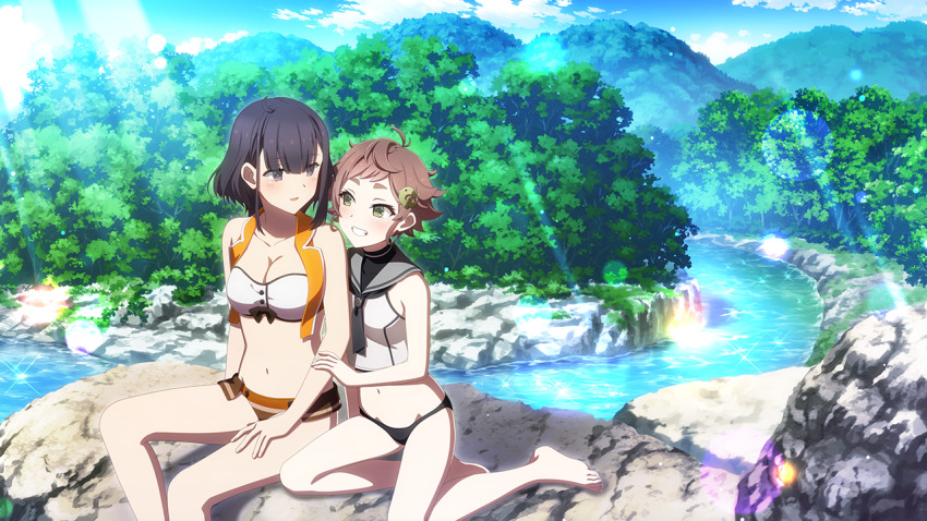 2girls, adapted_costume, ahoge, ayanokouji_martial_arts_school_uniform, barefoot, bikini, black_hair, blunt_bangs, blush, boulder, breasts, brown_hair, cleavage, collarbone, day, game_cg, green_eyes, grey_eyes, large_breasts, looking_at_another, multiple_girls, navel, nitta_hirona, official_art, osafune_girls_academy_school_uniform, outdoors, parted_lips, river, school_uniform, short_hair, sitting, small_breasts, smile, stomach, sunlight, swimsuit, thick_eyebrows, toji_no_miko, toji_no_miko:_kizamishi_issen_no_tomoshibi, toribane_yuuki, tree, water, white_bikini