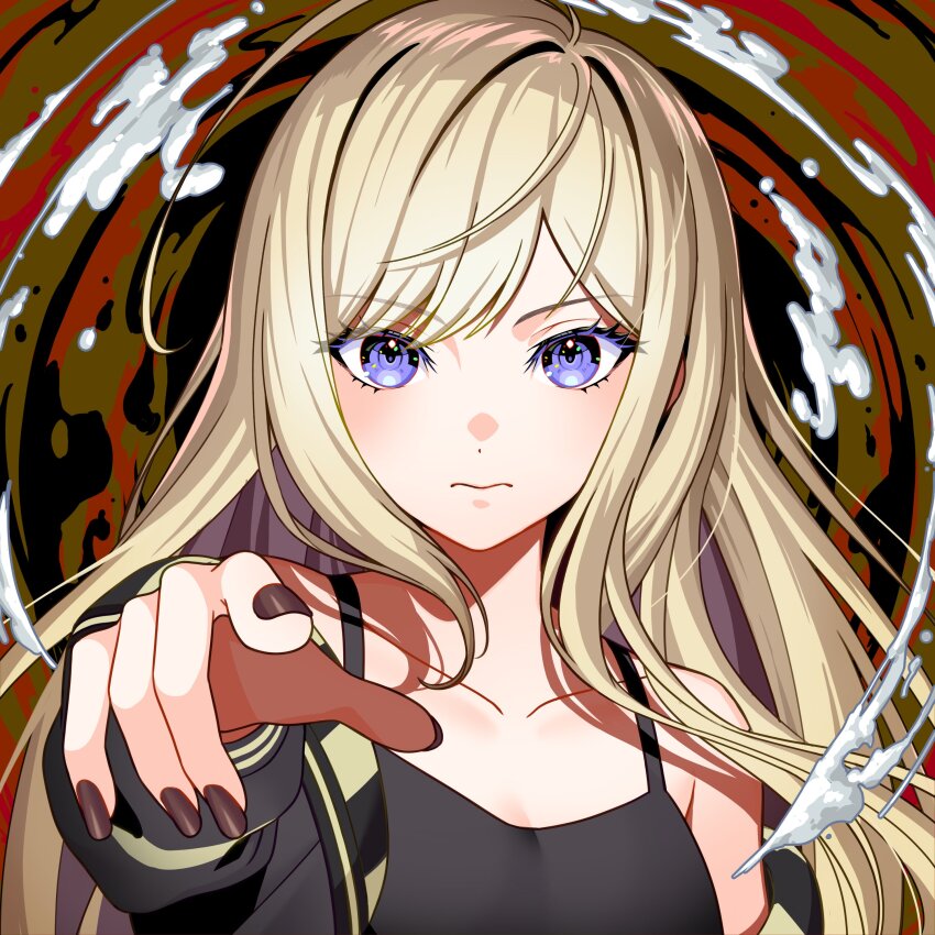 1girl, absurdres, ai_(denonbu), album_cover, artist_request, bare_shoulders, black_jacket, black_nails