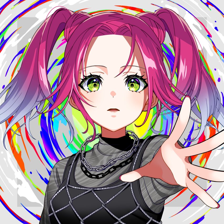 1girl, absurdres, artist_request, black_shirt, blue_hair, chain, chain_necklace, commentary