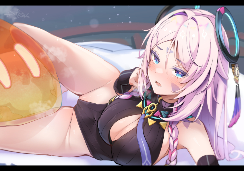 1girl, black_leotard, blue_eyes, braid, breasts, citlali_(genshin_impact), cleavage_cutout, clothing_cutout, commentary_request, genshin_impact, highleg, highleg_leotard, highres, leotard, letterboxed, long_hair, looking_at_viewer, lying, medium_breasts, on_side, open_mouth, pink_hair, pyro_slime_(genshin_impact), ring_hair_ornament, slime_(genshin_impact), solo, thighs, twin_braids, xlyami