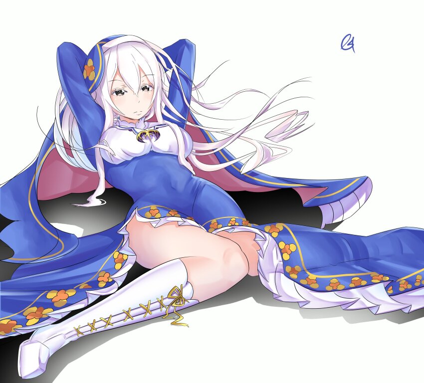 1girl, absurdres, arms_behind_head, asymmetrical_dress, blue_dress, breasts, cedric_(gear_art), closed_mouth, colored_eyelashes, cosplay, covered_navel, cross-laced_footwear, dress, echidna_(re:zero), frilled_dress, frills, habit, hair_between_eyes, highres, jewelry, long_hair, long_sleeves, looking_at_viewer, medium_breasts, melty_pristis, melty_pristis_(cosplay), necklace, nun_headdress, open_mouth, re:zero_kara_hajimeru_isekai_seikatsu, side_slit, signature, sitting, solo, thighs, tight_clothes, tight_dress, wariza, white_background, white_eyelashes, white_footwear, white_hair