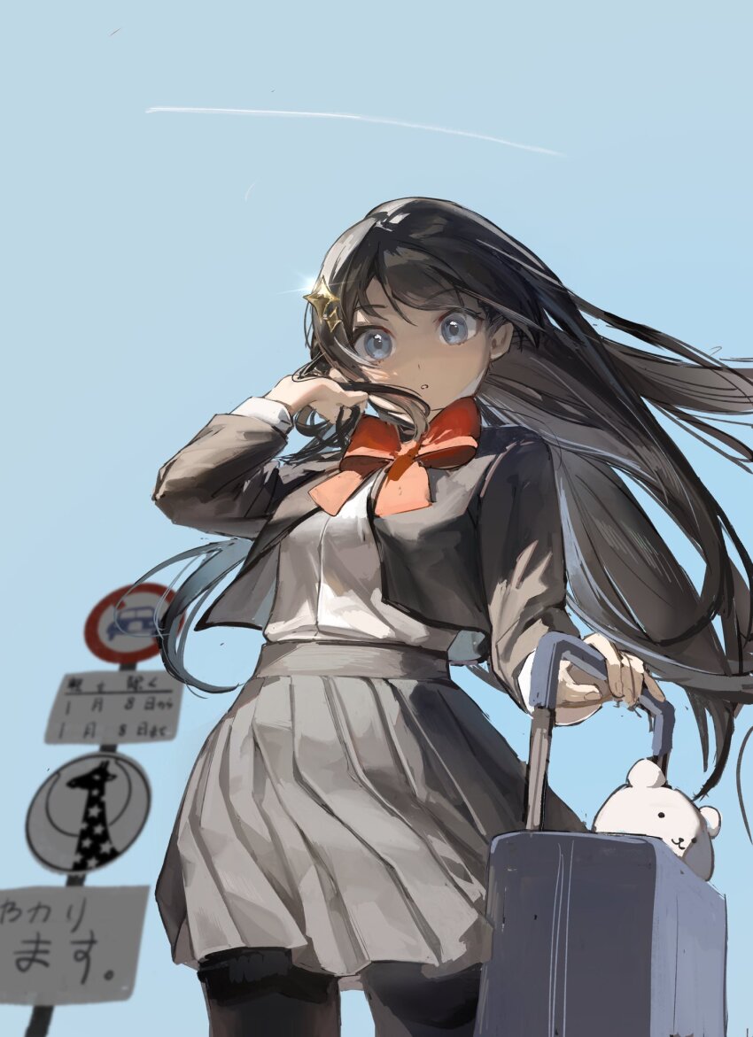 1girl, black_hair, blue_eyes, blue_sky, blurry, blurry_background, bow, bowtie