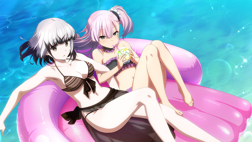 2girls, afloat, barefoot, bikini, black_bikini, black_hair, blue_eyes, blunt_bangs