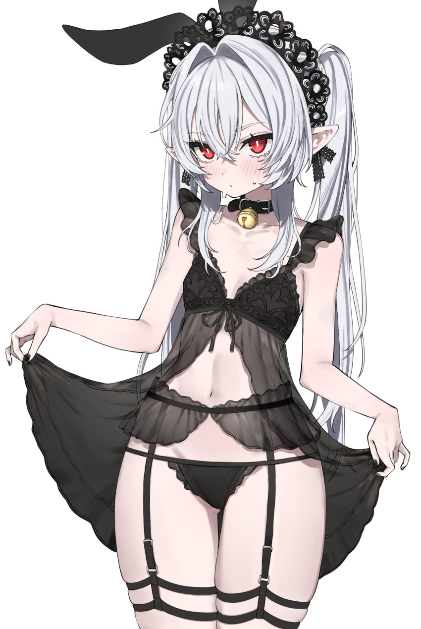 1girl, absurdres, animal_ears, babydoll, bell, black_babydoll, black_bra, black_collar