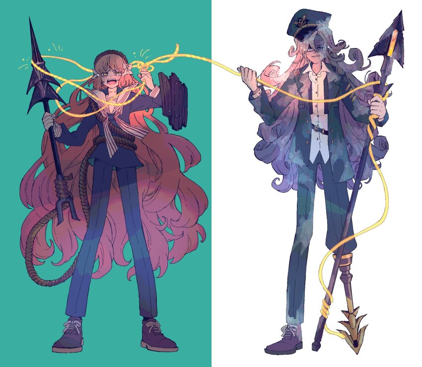 2girls, ahab_(project_moon), aqua_background, arm_shield, bow, brown_footwear, brown_hairband, clenched_teeth