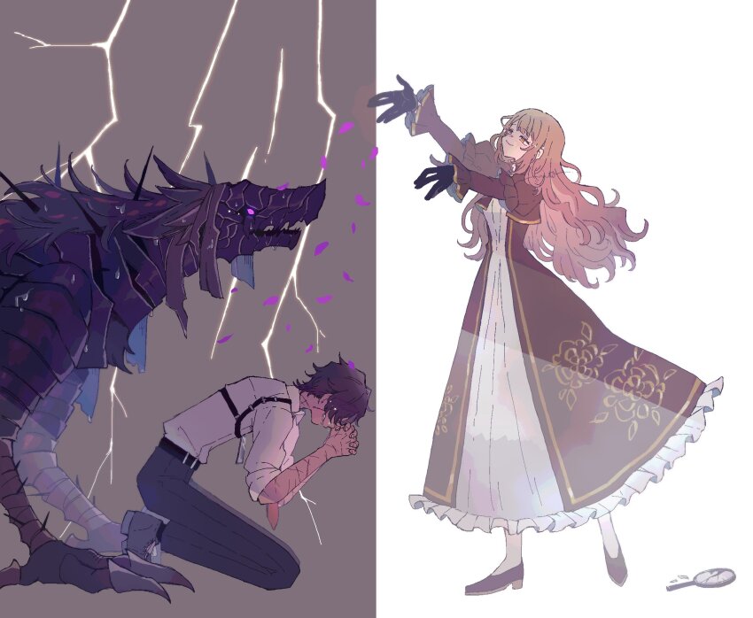 1girl, arms_up, black_footwear, black_gloves, broken_mirror, brown_dress, brown_eyes, brown_hair