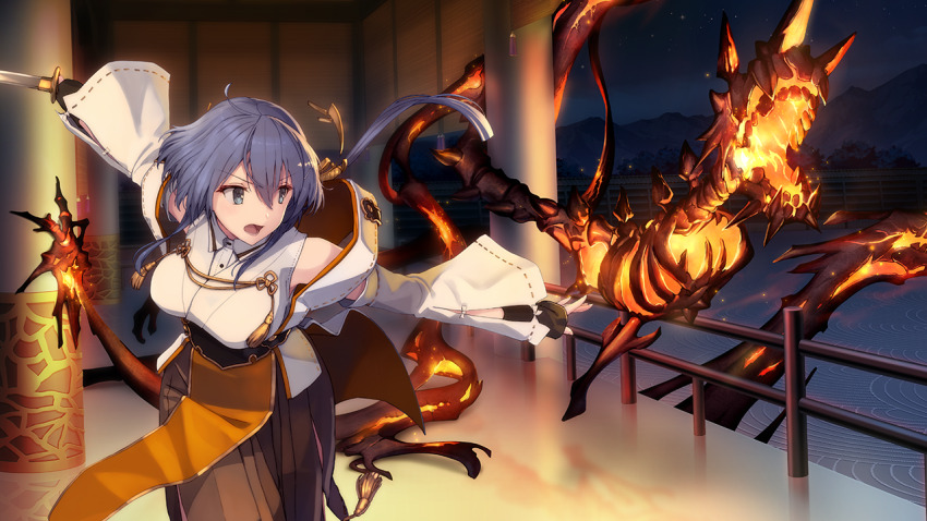 1girl, :d, aradama_(toji_no_miko), blue_eyes, blue_hair, breasts, brown_skirt, dress