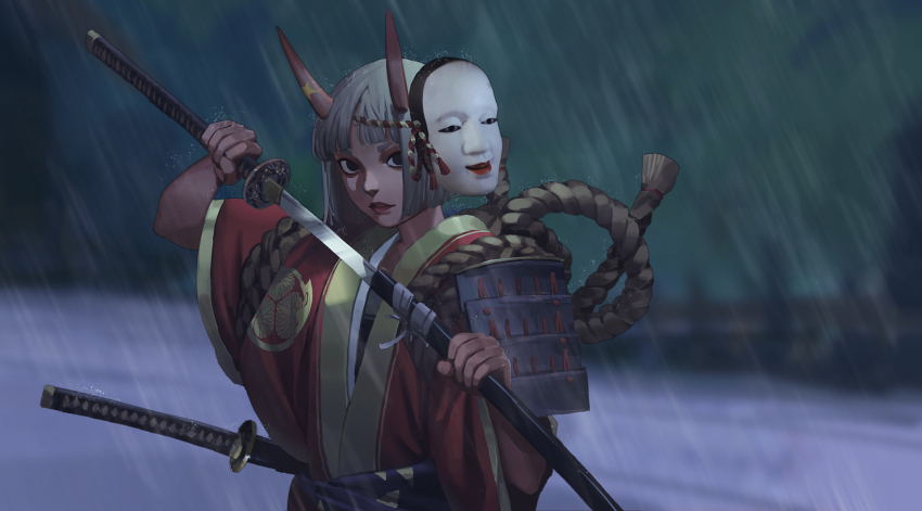 1girl, arm_up, black_eyes, commentary_request, crest, day, grey_hair, hand_up