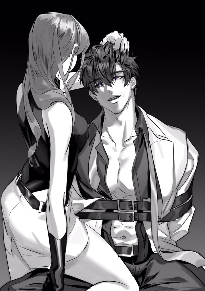 1boy, 1girl, abs, arms_behind_back, bare_pectorals, bdsm, belt, bishounen, bondage, bound, breasts, coat, collarbone, commentary, femdom, gloves, grabbing_another's_hair, holding_another's_hair, ling_xiao, love_and_producer, medium_breasts, miniskirt, navel, open_clothes, open_shirt, pectoral_cleavage, pectorals, protagonist_(love_and_producer), shinkaifuyuki, shirt, sitting, skirt, sleeveless, sleeveless_shirt