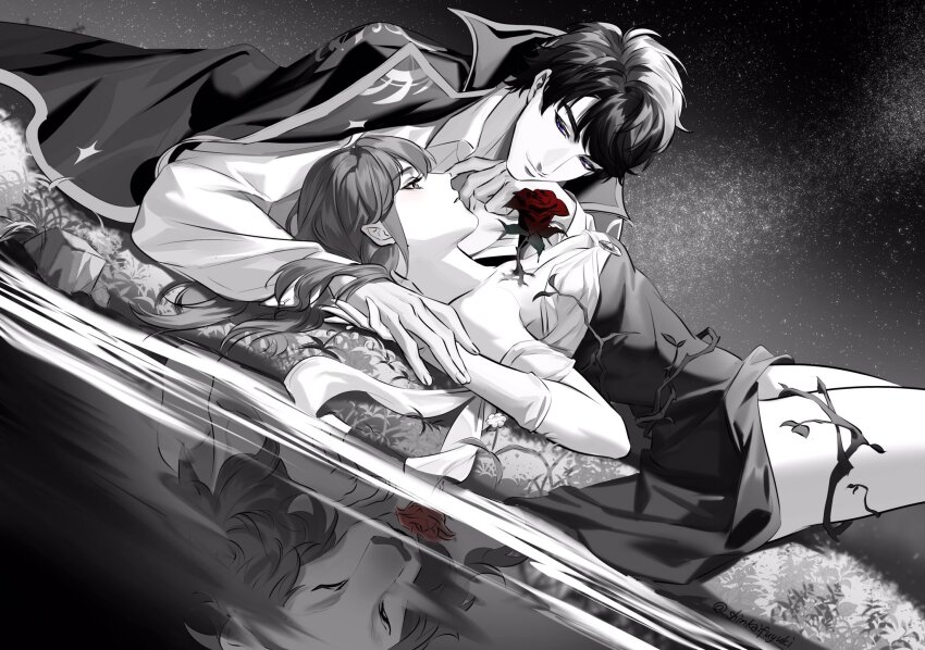 1boy, 1girl, bishounen, blush, breasts, cleavage, coat, coat_on_shoulders