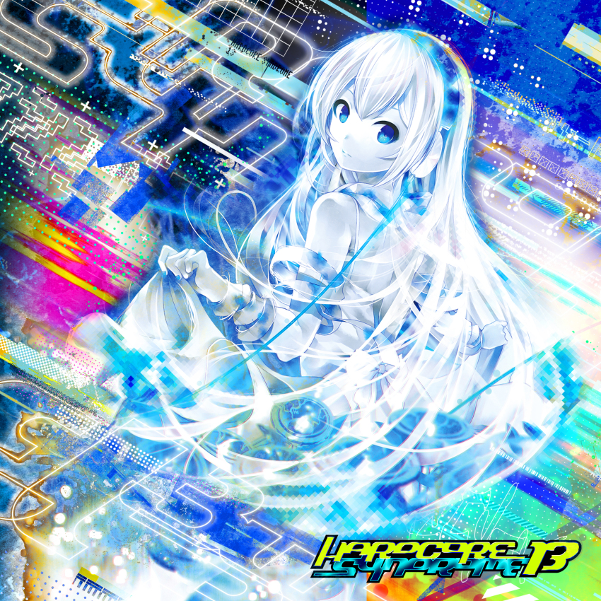 1girl, absurdres, album_cover, back_bow, bandaged_arm, bandages, bare_shoulders, blue_eyes