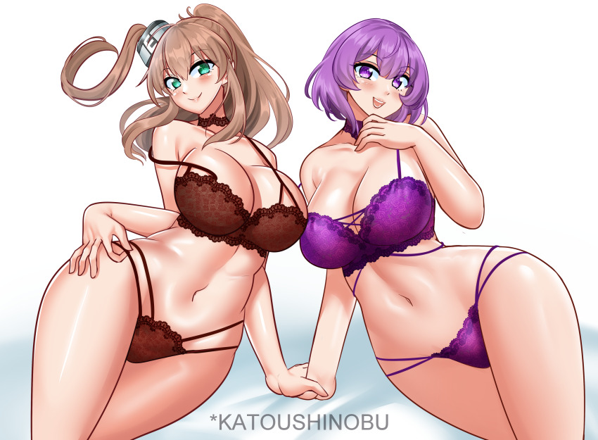 2girls, bra, breasts, brown_bra, brown_hair, brown_panties, choker, cleavage
