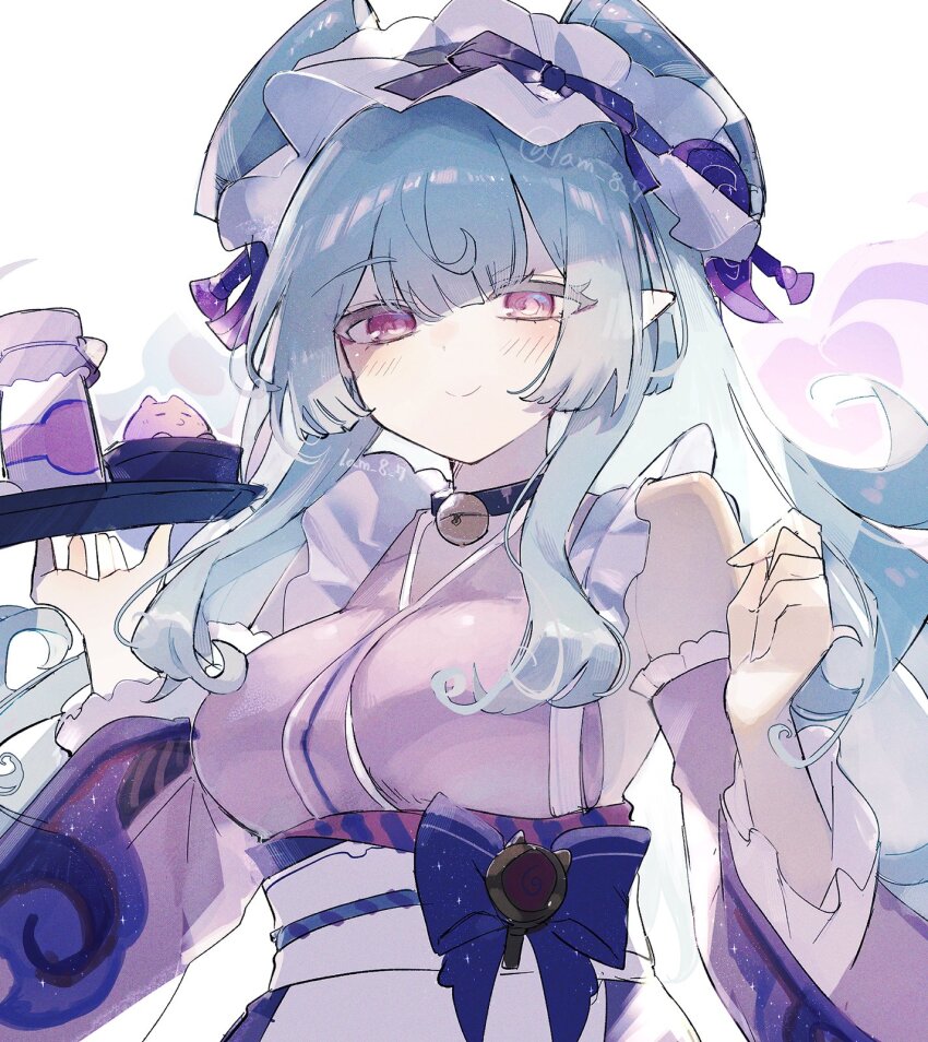 1girl, bell, black_choker, blue_hair, bow, choker, closed_mouth, commentary_request