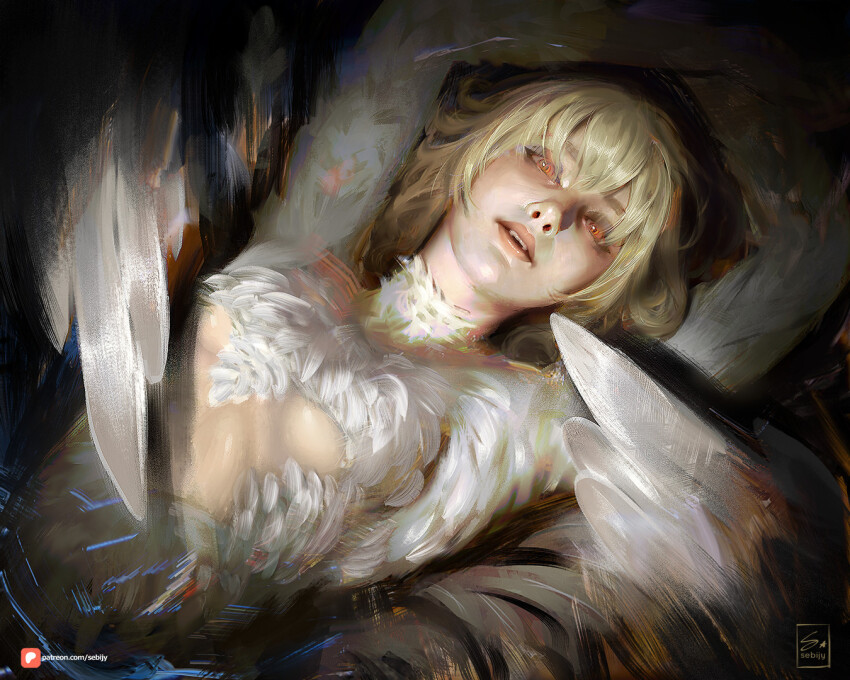 artist_logo, blonde_hair, breasts, chimera, commentary, dungeon_meshi, english_commentary, falin_touden