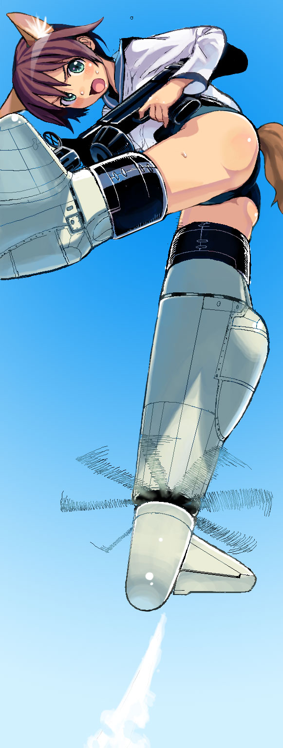 1girl, ass, blush, brown_hair, drum_magazine, female_focus, green_eyes, gun, highres, looking_down, machine_gun, magazine_(weapon), miyafuji_yoshika, open_mouth, sasaki_toshiyuki, school_swimsuit, short_hair, solo, strike_witches, swimsuit, swimsuit_under_clothes, tail, weapon, world_witches_series