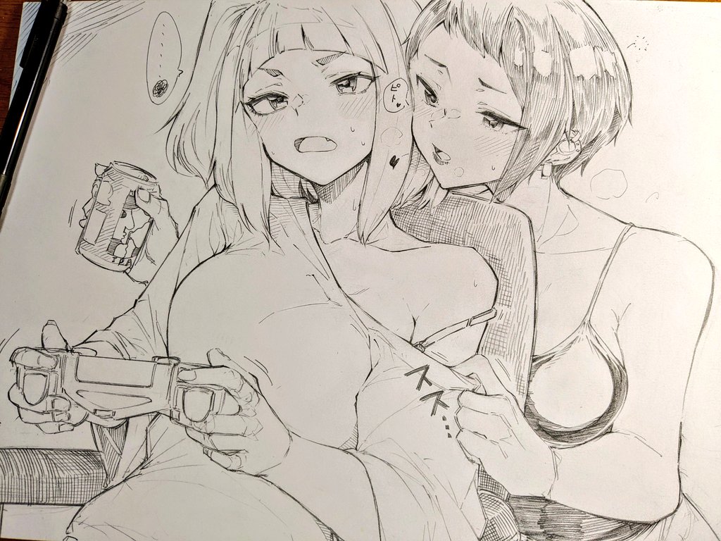 2girls, art_tools_in_frame, beer_can, blush, bra_strap, breasts, camisole, can