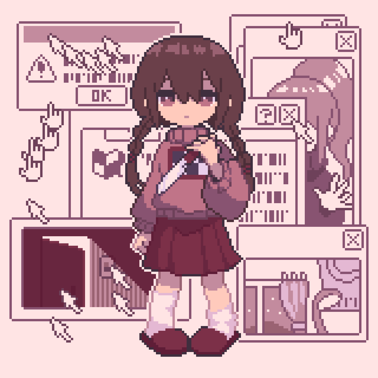 1girl, braid, brown_hair, cursor, dialogue_box, expressionless, full_body, highres