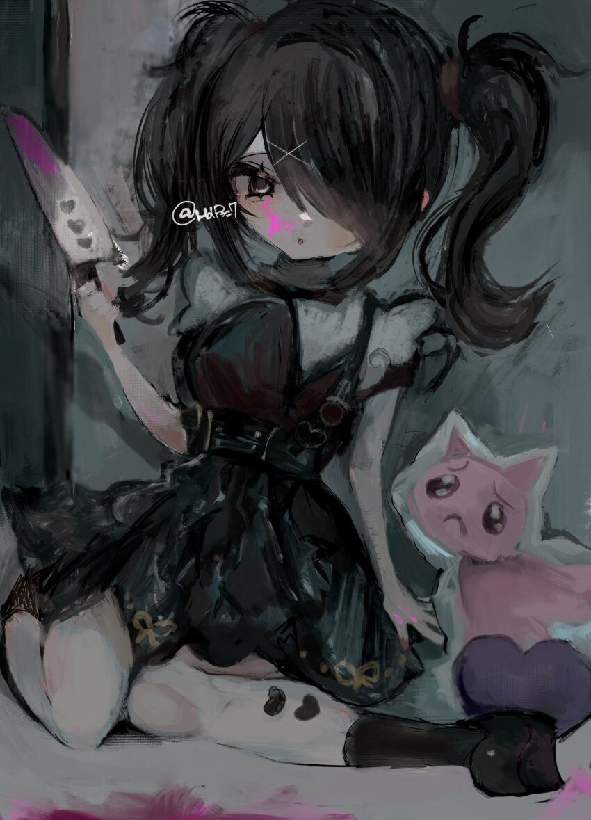 1girl, ame-chan_(needy_girl_overdose), black_eyes, black_hair, black_skirt, black_socks, blood, blood_on_hands, bloody_knife, collared_shirt, emoji, hair_ornament, highres, holding, holding_knife, knife, looking_at_viewer, naishukketsukata, needy_girl_overdose, pien_cat_(needy_girl_overdose), pleading_face_emoji, red_shirt, shirt, short_twintails, signature, skirt, socks, suspender_skirt, suspenders, twintails, x_hair_ornament