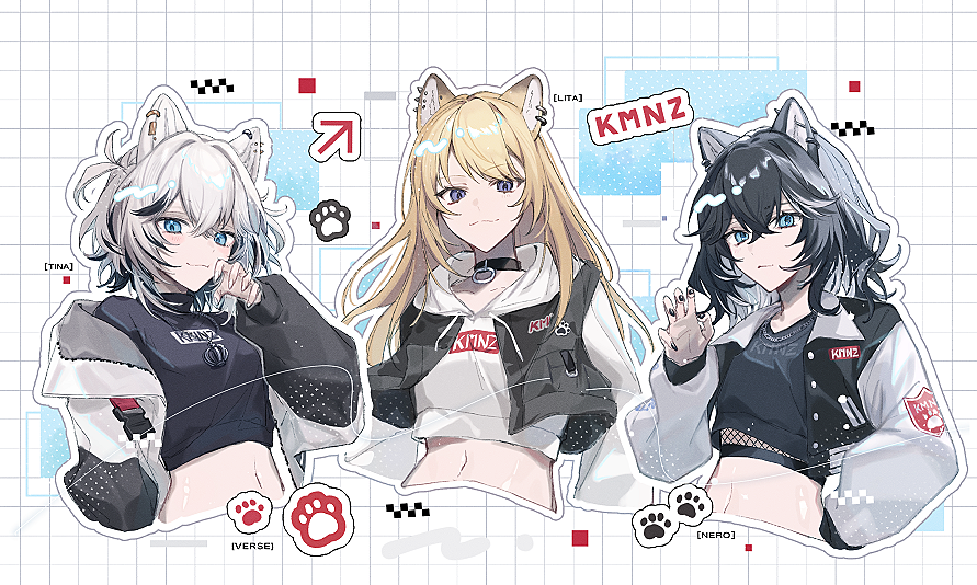 3girls, :3, animal_ears, arrow_(symbol), black_choker, black_hair, black_jacket, black_nails
