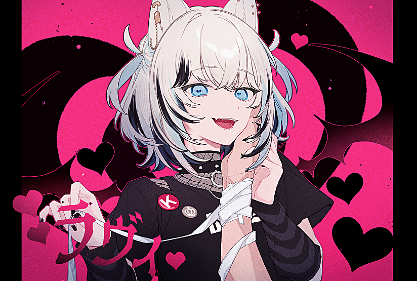 1girl, 1other, :d, animal_collar, animal_ears, arm_warmers, badge, bandaged_wrist