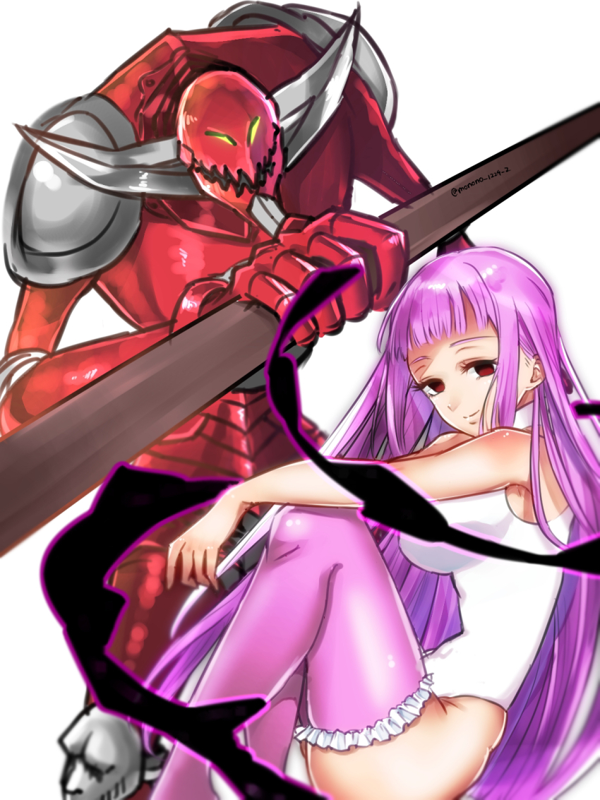 1boy, 1girl, colored_skin, darkness, demon, demon_girl, demon_horns, galand, highres, holding, holding_weapon, horns, leotard, long_hair, melascula, mononono_1224, nanatsu_no_taizai, over-kneehighs, pink_hair, pink_socks, red_eyes, red_skin, simple_background, sitting, smile, socks, thighhighs, twitter_username, weapon, white_background, white_leotard, yellow_eyes